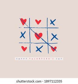 Valentine's Day concept. Tic-tac-toe game with criss cross and Hearts. Hand drawn colored Vector illustration. Pre-made Card or poster. Love, Romance theme