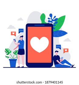 Valentines day concept with tiny character. Couple sending love message using smartphone flat vector illustration. Can use for poster, card, background, wallpaper, web banner or landing page idea.