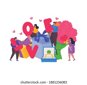 Concepto del día de San Valentín con un carácter diminuto. Amor y regalos, anillo, ramo de flores.  Ilustración vectorial Puede utilizarse para la idea de banner web o de página de inicio
