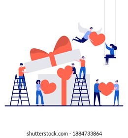 Valentine's day concept with tiny character. People with big box and hearts around them flat vector illustration. Can use for poster, card, background, wallpaper, web banner or landing page idea.