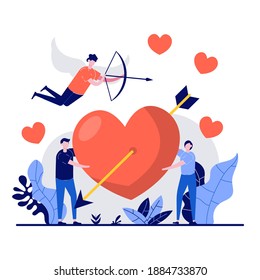 Valentine's day concept with tiny character. Couple fall in love, sharing huge red heart pierced with arrow flat vector illustration. Cupid flying in sky with bow aiming to people.
