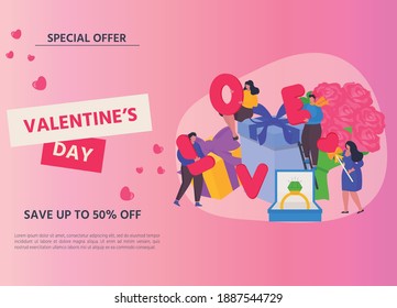 Valentine's day  concept with tiny character. Love and gifts, ring, bouquet of flowers. Vector illustration can use for advertising, present card, poster, banner or landing page idea