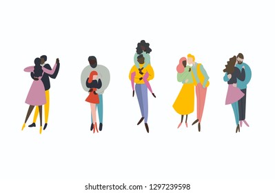 Valentines day concept. Tiny people mix race couples set on a white background