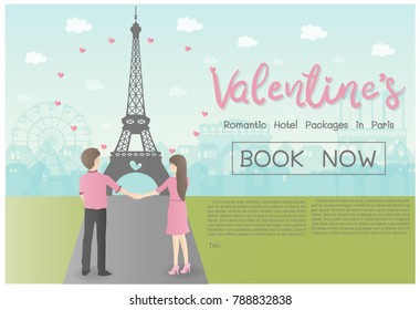 Valentine's day concept for travel trip advertising design with man and woman holding hands standing in front of Eiffel tower and Paris famous landmarks, flat design vector illustration. 