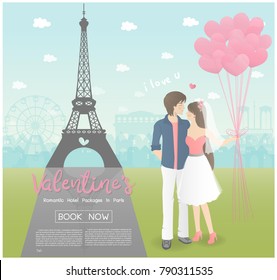 Valentine's day concept for travel trip advertising design with man and woman hugging and standing in front of Eiffel tower and Paris famous landmarks, flat design vector illustration. 