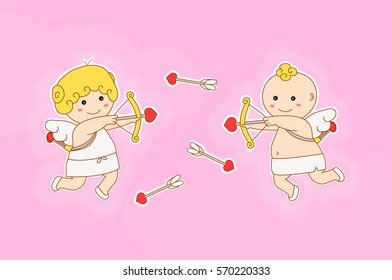 valentines day concept. vector flat cartoon angel character illustration. cupid girl and boy play, shoots a bow love heart arrow in sky. pink background