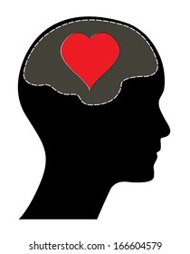 Valentines day concept vector. Human head with brain and red heart. Isolated easy to edit vector illustration. Raster available in my portfolio.