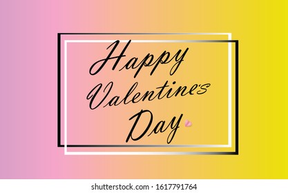 Valentines day concept. Vector illustration on pink and yellow gradient background with thin square frame, cute love banner or greeting card.