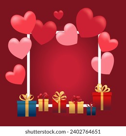 Valentine's Day concept. Vector illustration. Red and pink hearts with a white square frame.
