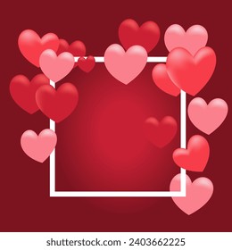 Valentine's Day concept. Vector illustration. Red and pink hearts with a white square frame.
