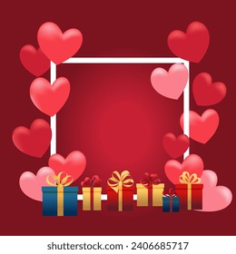 Valentine's Day concept. Vector illustration. Red and pink hearts with a white square frame.
