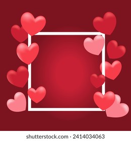 Concepto de San Valentín. Ilustración vectorial. Corazones rojos y rosas con un marco cuadrado blanco.
