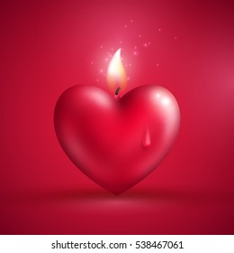 Valentine's day concept. Vector illustration. Red heart shape candle on pink background. Love symbol. Dripping wax