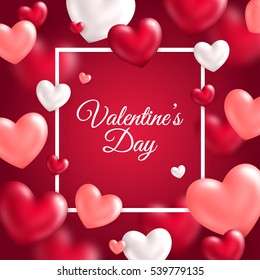 Valentine's day concept. Vector illustration. 3d white, pink and red hearts with thin square frame. Cute love banner or greeting card