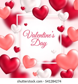 Valentine's day concept. Vector illustration. 3d colorful hearts with thin square frame. Cute love banner or greeting card. Place for your text