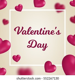 Valentine's day concept. Vector illustration. 3d pink hearts with thin square frame on beige background. Cute love banner or greeting card. Place for your text