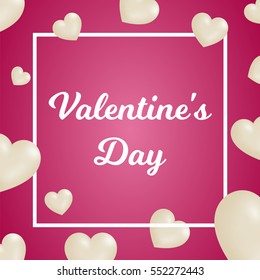 Valentine's day concept. Vector illustration. 3d white hearts with thin square frame on pink background. Cute love banner or greeting card. Place for your text