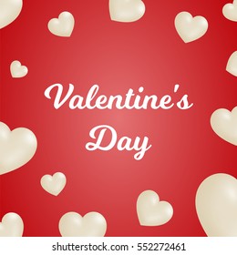Valentine's day concept. Vector illustration. 3d white hearts with frame on red background. Cute love banner or greeting card. Place for your text