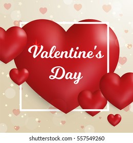 Valentine's day concept. Vector illustration. 3d red hearts with thin square frame on white background. Cute love banner or greeting card. Place for your text