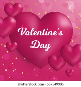 Valentine's day concept. Vector illustration. 3d pink hearts on pink background. Cute love banner or greeting card. Place for your text