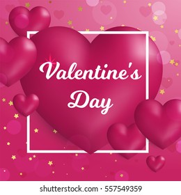 Valentine's day concept. Vector illustration. 3d pink hearts with thin square frame on pink background. Cute love banner or greeting card. Place for your text