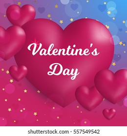 Valentine's day concept. Vector illustration. 3d pink hearts on pink background. Cute love banner or greeting card. Place for your text