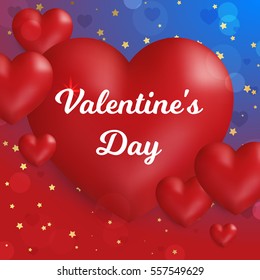 Valentine's day concept. Vector illustration. 3d red hearts on red background. Cute love banner or greeting card. Place for your text