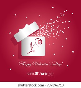 Valentine's day concept vector illustration open white gift box with flower rose and flying hearts on red background. Symbols of love gifts: box, heart, envelope, kissing birds pigeons