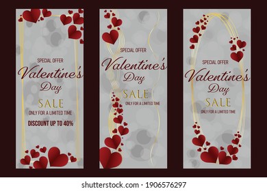 Valentine's day concept, vertical banners set. Vector illustration. 3d red paper hearts frame. Cute love sale banner or greeting card