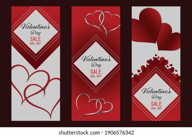 Valentine's day concept, vertical banners set. Vector illustration. 3d red paper hearts frame. Cute love sale banner or greeting card