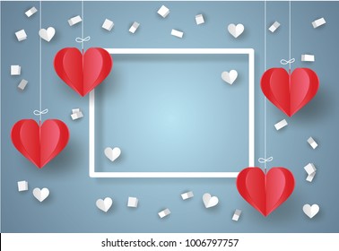 Concepto de San Valentín. Papel blanco y corazón disperso en el cielo. Ilustración de vectores.Arte artesanal y de papel