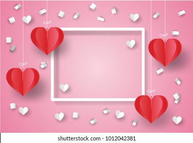 Valentine's day concept. White ribbon paper and scatter heart in the sky.Heart origami mobile. Vector illustration.Paper and craft art