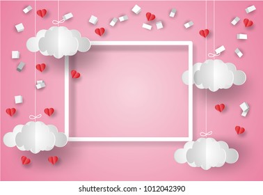 Valentine's day concept. White ribbon paper,clouds and scatter heart in the sky.origami mobile. Vector illustration.Paper and craft art