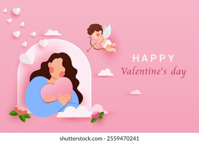 valentine's day concept with a woman hugging a heart, cupid flying nearby, pink backgrounds, floating hearts, clouds, and flowers, symbolizing love and romance, paper cut minimal vector