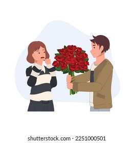Valentine's day concept. A young man holds a beautiful bouquet of red roses and give it to a woman. showing his love.