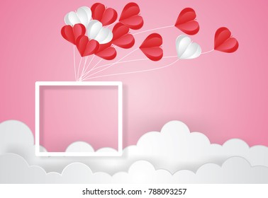 Valentine's day concept.Balloon  in a heart shape floating with text in white border on pink sky background.Paper and craft art