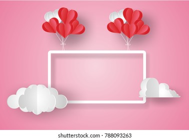 Valentine's day concept.Balloon  in a heart shape floating with text in white border on pink sky background.Paper and craft art