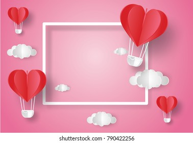 Valentine's day concept.Balloon  in a heart shape floating with text in white border on blue sky background.Vector illustration.Paper and craft art