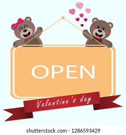 Valentine's day concept,Cute teddy Bear  with Open sign label on white background for an anniversary or valentine's celebration ,Vector illustration ep10.