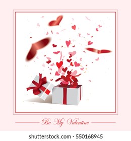 Valentine's Day concept-gift box with defocused heart shaped confetti.Vector illustration.