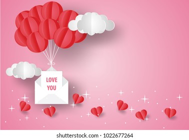 Valentine's day concept.love Invitation card abstract background with text love you,clouds and red balloon origami.Vector illustration.Paper and craft art