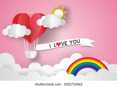 Valentine's day concept.love Invitation card abstract background with text love,clouds,balloon  in a heart shape.Vector illustration.Paper and craft art