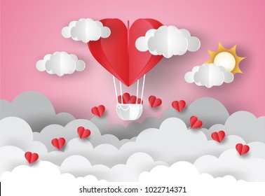 Valentine's day concept.love Invitation card abstract background with text love,clouds,balloon  in a heart shape.Vector illustration.Paper and craft art