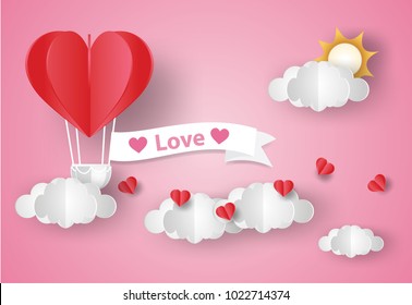 Valentine's day concept.love Invitation card abstract background with text love,clouds,balloon  in a heart shape.Vector illustration.Paper and craft art