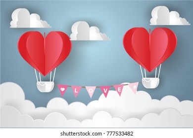 Valentine's day concept.love Invitation card abstract background with text love,clouds,balloon  in a heart shape.Vector illustration.Paper and craft art