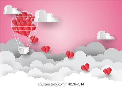 Valentine's day concept.love Invitation card abstract background with clouds,balloon  in a heart shape.Vector illustration.Paper and craft art