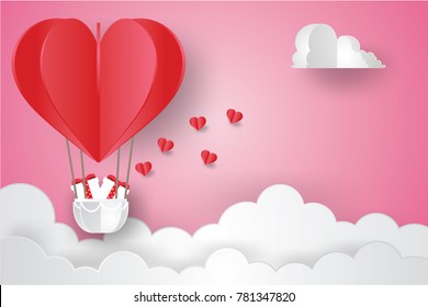 Valentine's day concept.love Invitation card abstract background with clouds,balloon  in a heart shape.Vector illustration.Paper and craft art