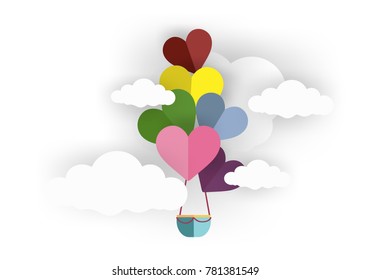 Valentine's day concept.love Invitation card abstract background,clouds,balloon  in a heart shape.Vector illustration.Paper and craft art