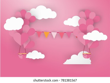 Valentine's day concept.love Invitation card abstract background,clouds,balloon  in a heart shape.Vector illustration.Paper and craft art