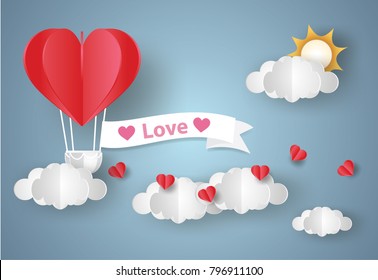 Valentine's day concept.love Invitation card abstract background with text love,clouds,balloon  in a heart shape.Vector illustration.Paper and craft art